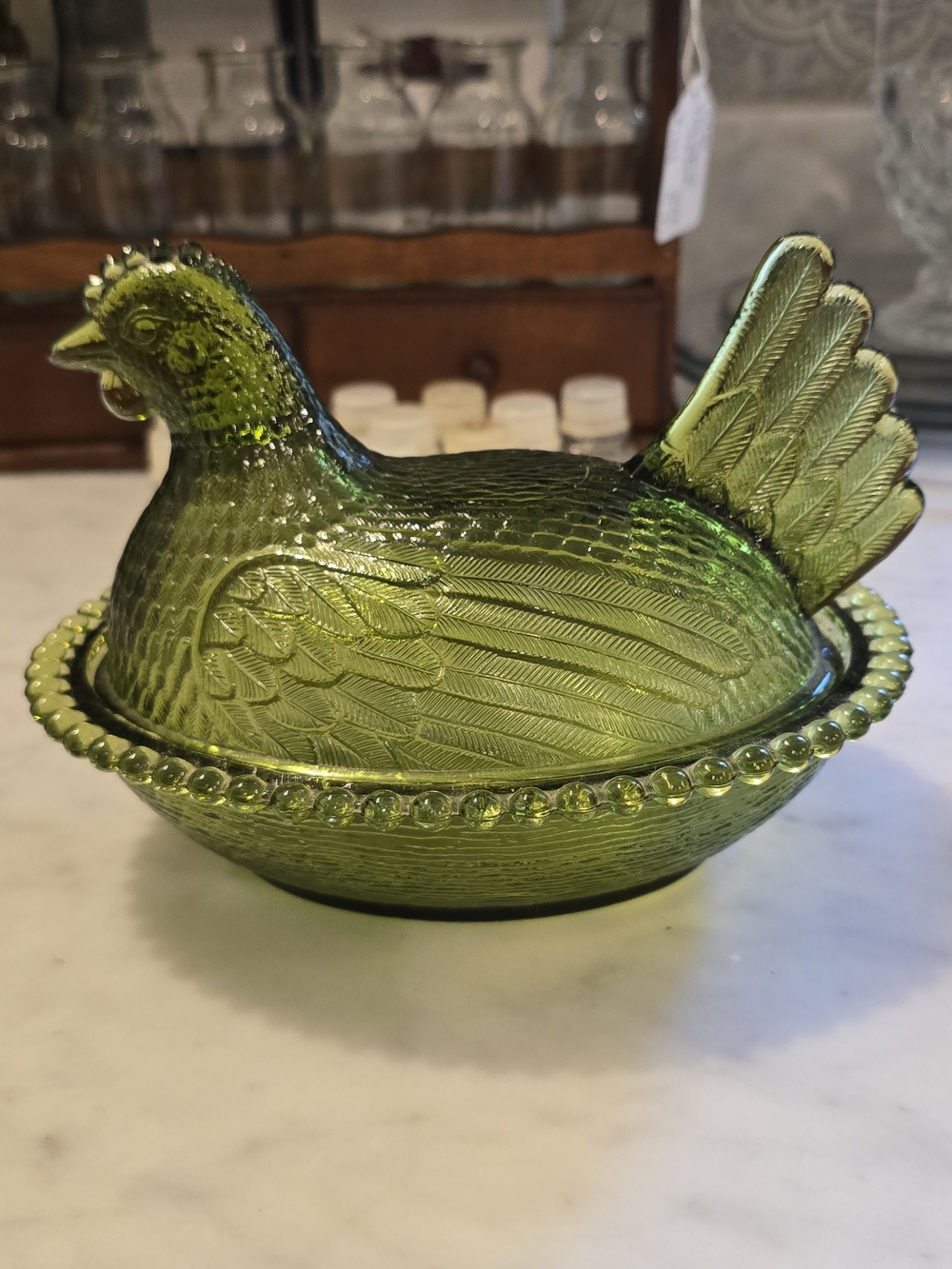 Indiana Glass Vintage Olive Green Glass Hen-on-Nest Decorative Covered Dish